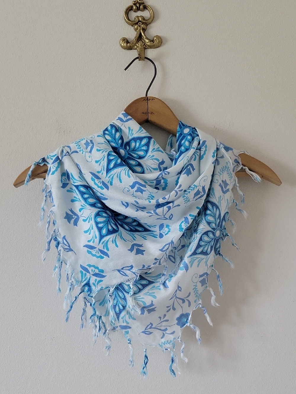 Cejon Blue White Floral Square Fringe Tassel Scarf
